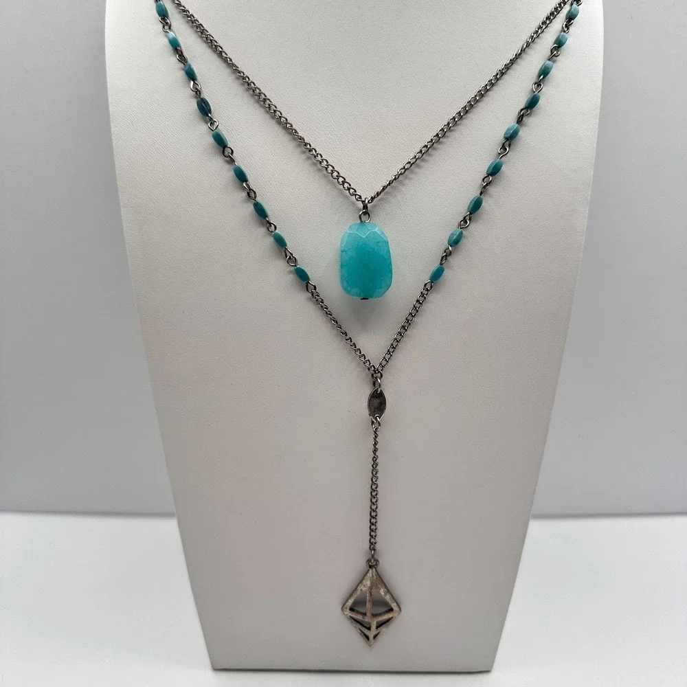 Vintage Y2K Multi Stand Necklace Silver Tone Faux Turquoise Jewelry